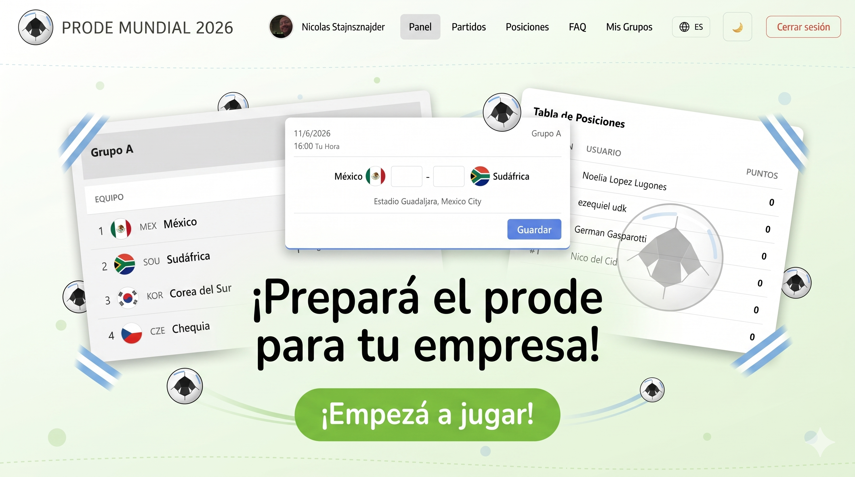 Pantalla del sistema Prode Mundial 2026 mostrando grupos, partidos y tabla de posiciones
